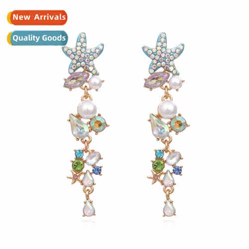 creative lg secti  diamd starfish earrings retro alloy pearl