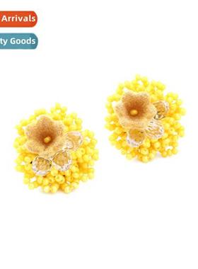 Temperament Niche Hmade String Rice Bead Flower Earrings Des
