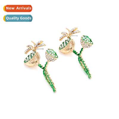 persalized sweet alloy drilling lotus dragfly earrings femal