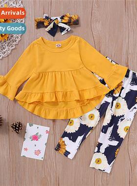 Girls Spring  Autumn 2021 new n trumpet sleeve solid color t