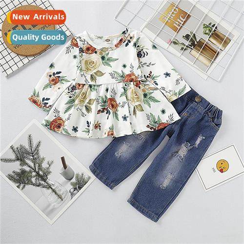 Girls spring  fall  2021 new n floral print lg-sleeved top +