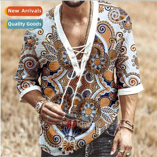 2022 new mens chest lace-up cock-eye medium-sleeved T-shirt