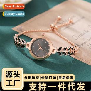 Strap Diamds Round Green Watch Fine Womens Quartz Leaf