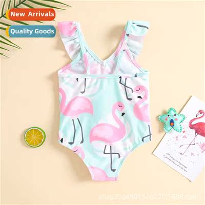 Kids Swimsu Flamingo Printed Halter V-Neck Girls Spa Beach S