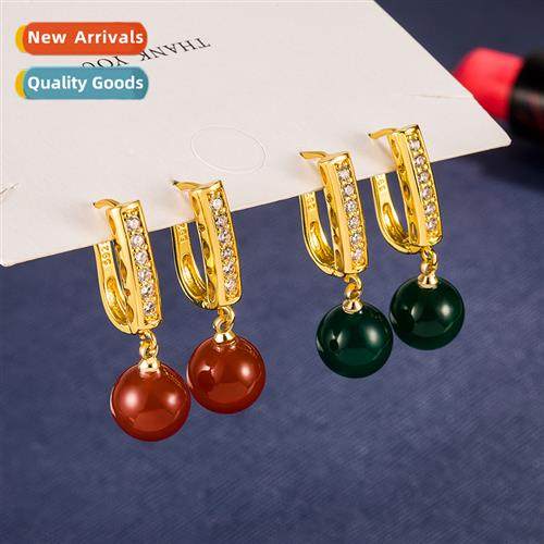 Retro ethnic style diamd-set green agate earrings female 14K