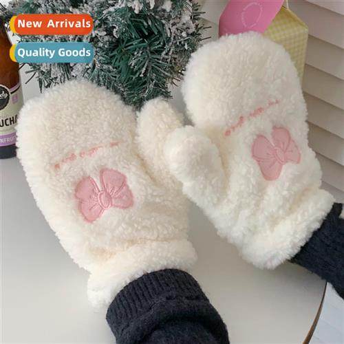 Pink bow plush gloves ins style cute girls students warm win