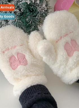 Pink bow plush gloves ins style cute girls students warm win