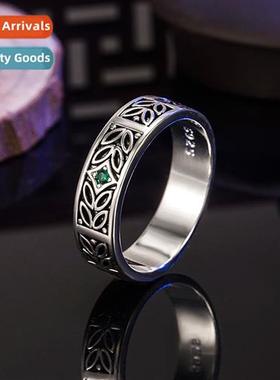 Inlaid emerald ring Thai silver ring mens ring      vintage