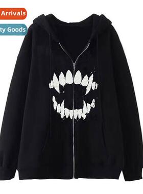 2023Y2K Dark Gothic Skull Tooth Zipper Sweatshirt Fall  Wint