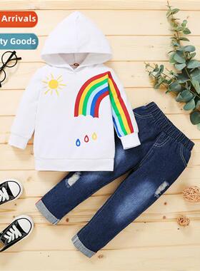 Girls spring  fall  2021 new n rainbow print hooded lg-sleev