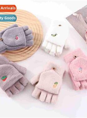Candy Colour Flap Padded Half Finger Warm Gloves ins Kids Ou