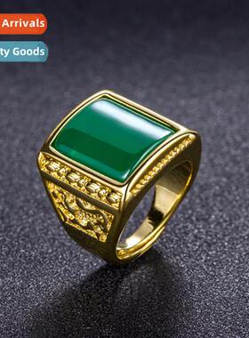 Vintage ethnic style domineering mens green chalcedy ring gr