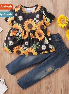 Girls spring  fall  2021 new     sunflower short-sleeved blo