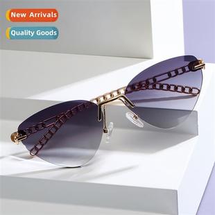 2A386 new cat eye cut edge sunglasses women metal chain temp