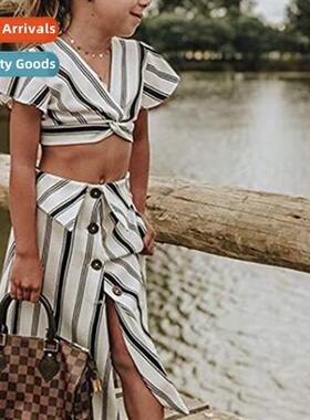 Toddler Kids Girls Short Sleeve Striped T-Shirt Neckline Top