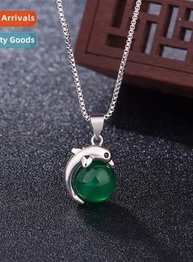 Vintage ethnic style green chalcedy dolphin pendant female d