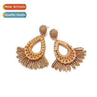 fan shaped fashi exa earrings woven tassel bohemian raffia