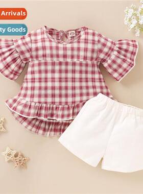 Girls Spring  Autumn 2020 new n bell-sleeve plaid top + soli