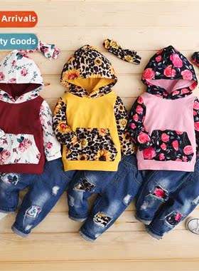 Girls spring  fall  2021 new n floral lg-sleeved hooded prin