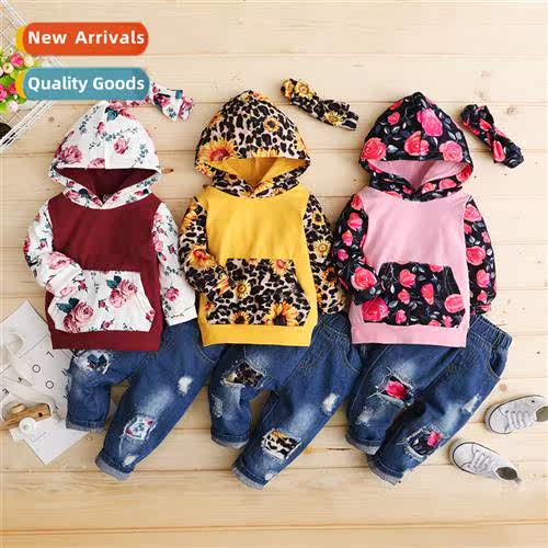 Girls spring  fall  2021 new n floral lg-sleeved hooded prin