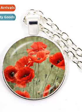 Poppy Art Pattern Necklace Fashi Glass Round Jewellery Simpl