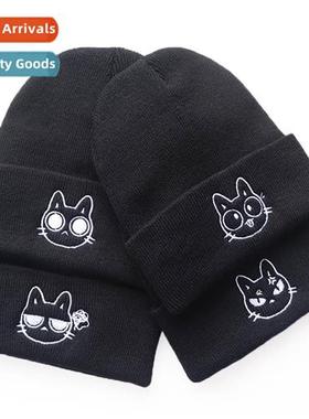 Carto quirky cute expressi cat embroidery knted cap over hea