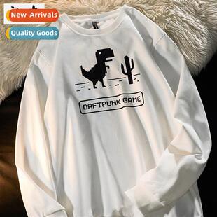 Carto dinosaur printing round neck lg-sleeved T-shirt mens