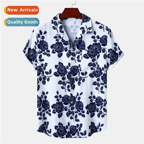 Hawaiian Beach Cuban Neck Ice Silk Draped Digal Printed Casu