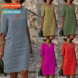 neck cott solid retro splicing small linen Autumn 2023