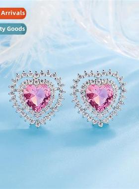 Full diamd pink diamd heart-shaped earrings female      doub