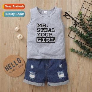 new denim summer shorts hole 2021 undershirt Boys letters