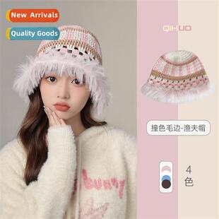Rabb splicing knted fisherman hat female fall and winter wi