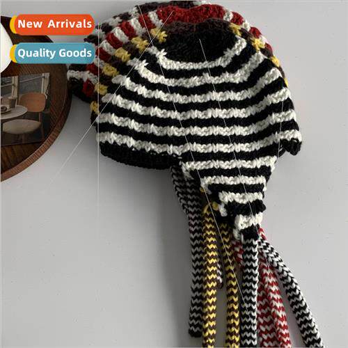 Mixed-color knted straps woolen wrapped head cap female wint