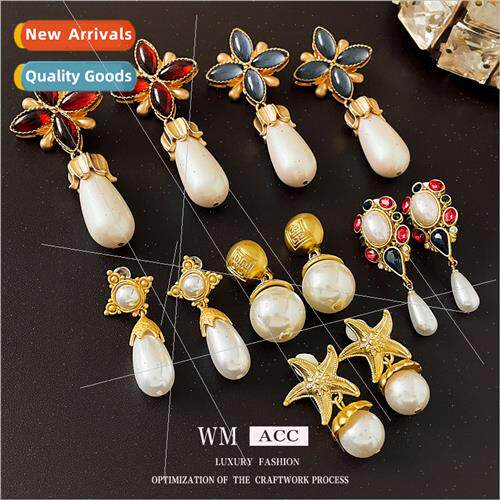 Earrings lver Needle Pearl Flower Drop Earrings terary Retro