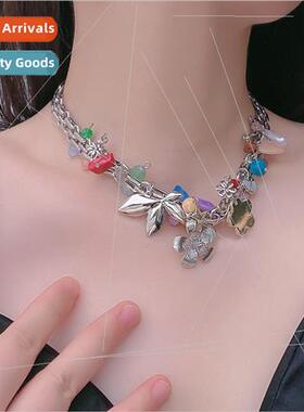Hot love rose girl flower leaf necklace natural stone colorf