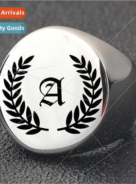 Stainless Steel 26 Alphabet Leaf Ring Round Glossy Tanium Re