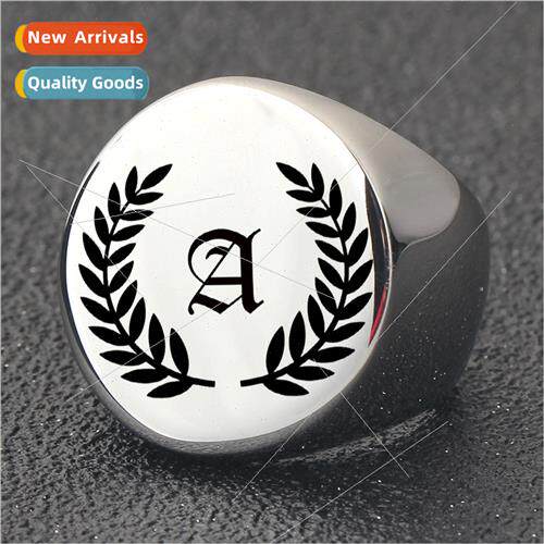 Stainless Steel 26 Alphabet Leaf Ring Round Glossy Tanium Re