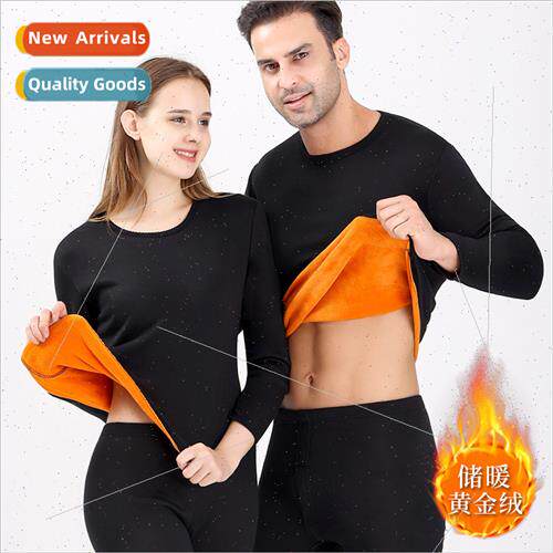 Thermal underwear set men gold velvet padded thickened round