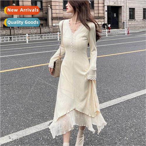 French v-neck kn dress women fall winter design sense Slim w
