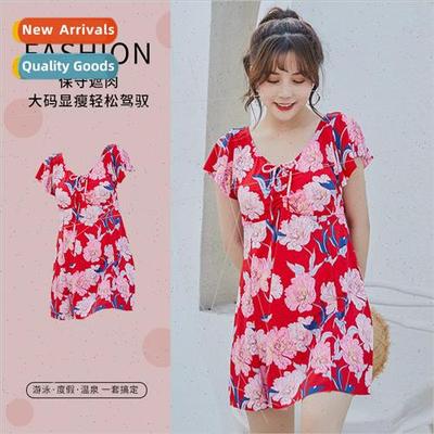 Large size swimsu female printing one-piece conservative ski
