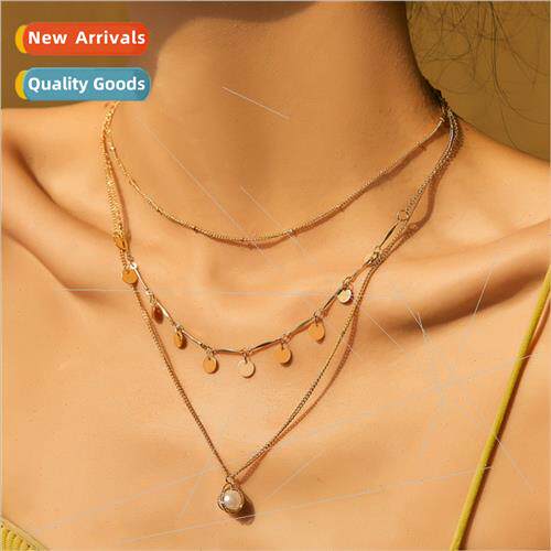 Europe retro layered metal necklace round shiny sequins pend