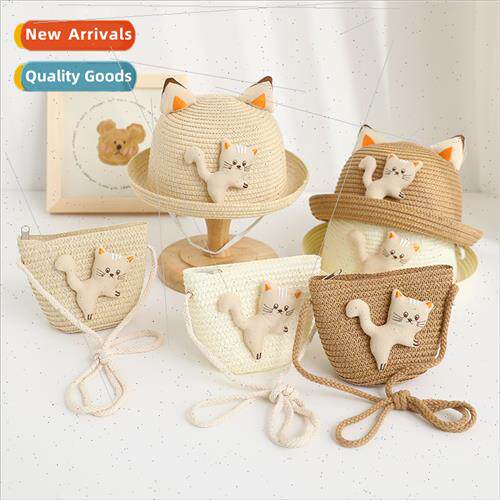Summer cartoon kten straw hat animal bag set summer sunscree