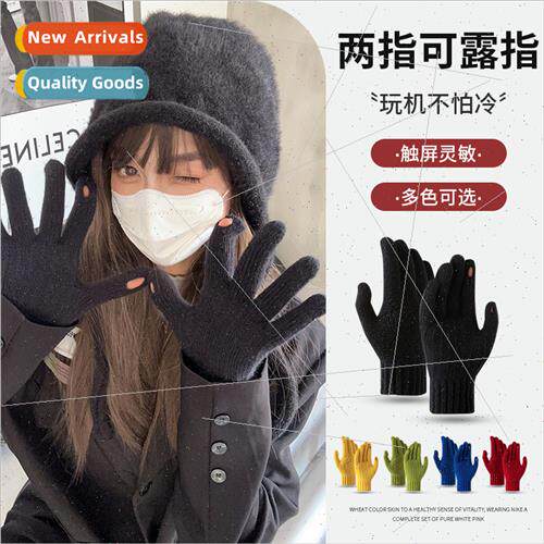 Knted gloves winter female warm padded thickened windprocold