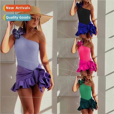 2023 new solid color one-shoulder halter smocked one-piece s
