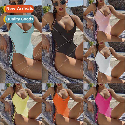 2023 New iEurope Solid Color One Shoulder One-piece Swimsu S