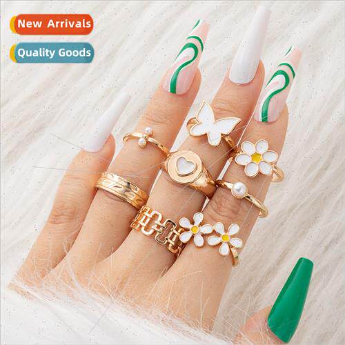 Europe Ring Set Oil Drop Butterfly Heart Ring Color Clash Jo