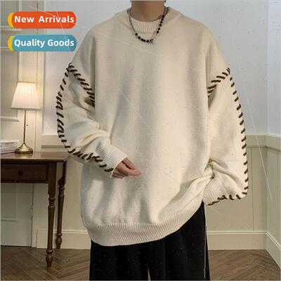 Color collision threading design sense round neck sweater me
