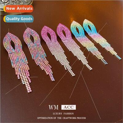 Silver Needle Colorful Gradient Diamond Tassel Earrings Euro