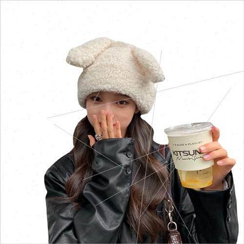 2021 sweet cute rabb lamb wool hat female winter warm windpr