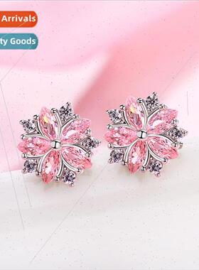 s925 silver cherry blossom inlaid earrings female Japan pink